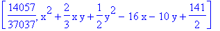 [14057/37037, x^2+2/3*x*y+1/2*y^2-16*x-10*y+141/2]